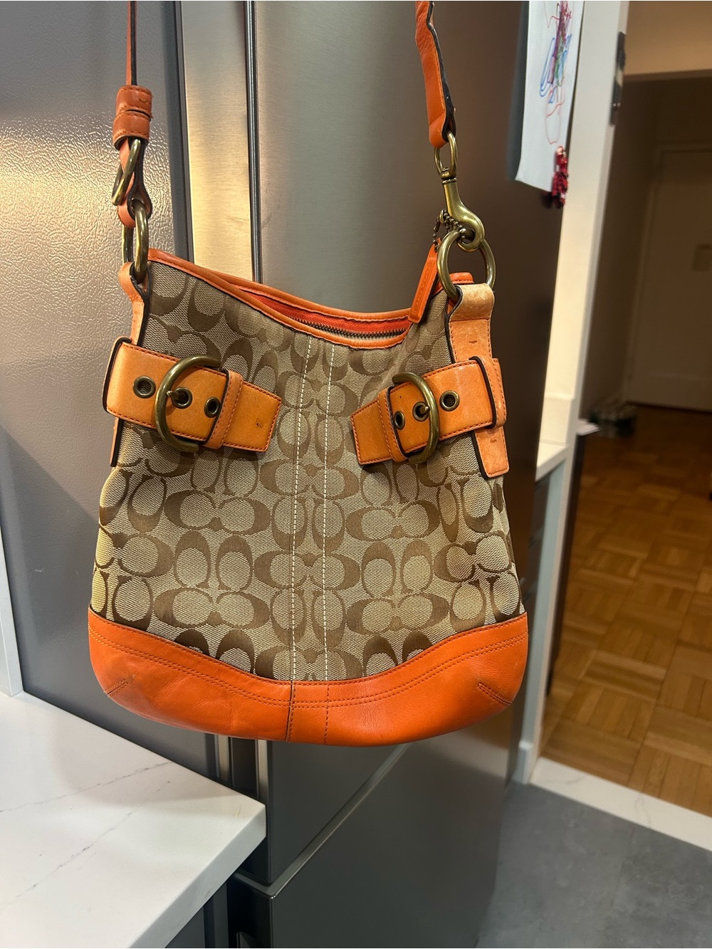 Coach Signature Canvas and Orange Leather Shoulder Bag